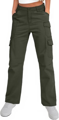 بنطال Alfiudad النسائي من القطن للتنزه في الهواء الطلق بخصر مطاطي للعمل مع 8 جيوب in Kuwait