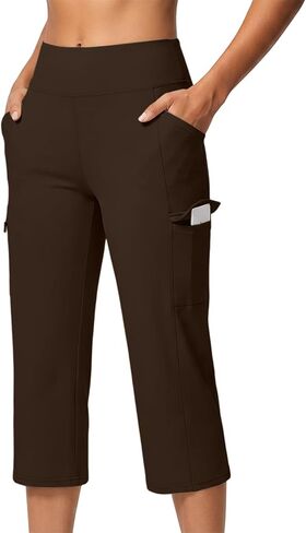 Yoga Capri Pants for Women with Pockets Summer Work Dress High Waisted Stretch Elastic Waist Wide Leg Leggings in Saudi Arabia