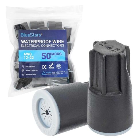 BlueStars 50 Pack Waterproof Outdoor Electrical Wire Connectors 12–22 AWG, Twist Wire Nuts Caps Cable Terminal Connector for Landscape Lighting Sprinkler Systems & Wet Location Installation, Black in Saudi Arabia