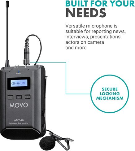 Movo WMX-20-TX Omnidirectional Wireless Lavalier Microphone and Transmitter - Lapel Mic for WMX-20 UHF Wireless Microphone System - Lav Mic for Vlogger, Creator, Videographer, Reporter, Youtuber in Saudi Arabia