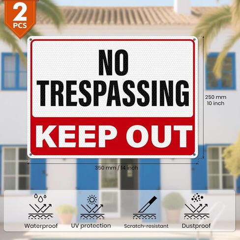 2 Pack No Trespassing Signs Keep Out Private Property Sign 14 × 10 Inches High Reflective Waterproof Aluminum Metal Signage with Pre-Drilled Holes for Home Yard Warehouse Construction Site in Saudi Arabia