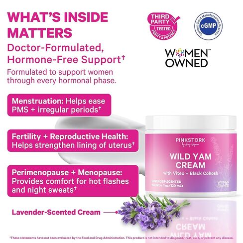 Pink Stork Wild Yam Cream for Hormone Balance with Vitex & Black Cohosh | Doctor-Formulated | PMS, Fertility, Perimenopause, Menopause Support | Lavender Scented, 4 oz, 1 Month Supply in Saudi Arabia
