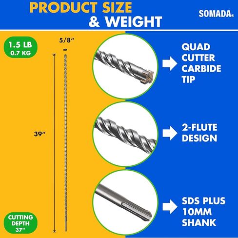 SOMADA 1/2 بوصة × 39 بوصة SDS Plus مثقاب طويل SDS-Plus مثقاب مطرقة دوارة طرف كربيد 4 قطع للخرسانة والطوب والحجر والبناء in Kuwait