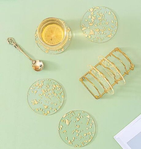 5 Pcs Coaster Acrylic Transparent, 9.5cm Acrylic Coaster Decorative Plates, Tea Cup Resin Table mat, Round Cup Waterproof Heat-Insulating mat Plastic Desktop Decoration(Round) (Gold) in Saudi Arabia