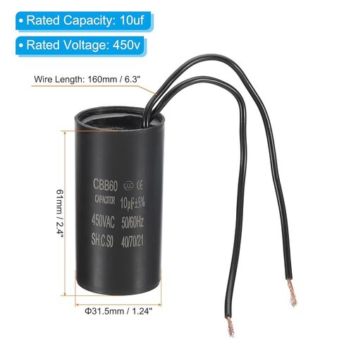 PATIKIL 10uf CBB60 Run Capacitor, AC 450V 2 Wires 50/60Hz Motor Running Capacitor 61x31.5x61, Black in Saudi Arabia