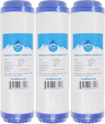 3 عبوات بديلة لفلتر الكربون المنشط الحبيبي Culligan HF-360 - خرطوشة عالمية مقاس 10 بوصة متوافقة مع Culligan HF-360 غطاء شفاف لتصفية الرواسب المنزلية بالكامل - العلامة التجارية Denali Pure in Kuwait