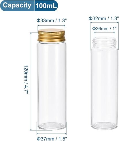 PATIKIL 100ml Clear Glass Vials, 12 Pack Small Liquid Sample Vial with Aluminum Screw Caps Leak-Proof Bottles Empty Jars, Golden Cap in Saudi Arabia