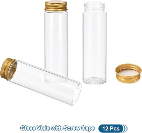 PATIKIL 100ml Clear Glass Vials, 12 Pack Small Liquid Sample Vial with Aluminum Screw Caps Leak-Proof Bottles Empty Jars, Golden Cap in Saudi Arabia