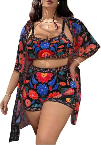 Milumia Women's Plus Size 3 Piece Swimsuits Boho Tropical Print High Waisted Bikini Set with Cover Up Kimono in Saudi Arabia