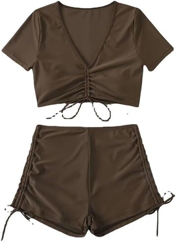 Women's Bikini Set High Waisted Two Piece Swimsuit Short Sleeve Crop Top Bathing Suit with Adjustable Drawstrings in Saudi Arabia