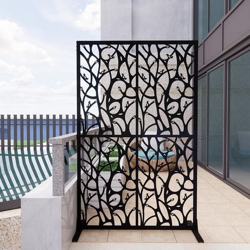 Metal Privacy Screen with Stand 72" H×45" W Indoor Outdoor Divider Freestanding Decorative Panel for Balcony Patio Garden Room Divider (White+Bird) in Saudi Arabia