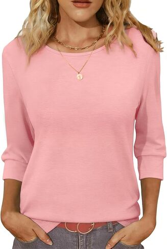 Womens Tops Work 3/4 Sleeve Dressy Casual Blouses Loose Fit Three Quarter Length T-Shirts in Saudi Arabia