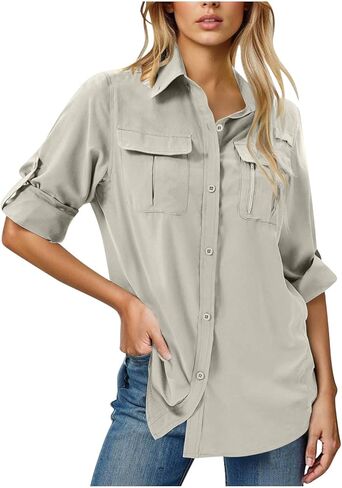 Women's UPF 50+ Sun Protection Shirts Long Sleeve Button Quick Dry Blouse Casual Outdoor Hiking Safari Top with Pockets in Saudi Arabia