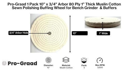 1 Pack 10" x 3/4" Arbor x 80 Ply Extra Thick Buffing Polishing Wheel - Fine Muslin Cotton | Designed for Bench Motor Grinder or Buffer with 3/4" Arbor | Professional Grade | Pack of 1 in Saudi Arabia
