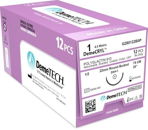 DEMETECH DemeCRYL Synthetic Absorbable Polygactin 910 Suture DT-G385-1, DC-3, 13 Millimeters, 3/8 Circle Reverse Cutting Needle, USP Size 5-0, 18 Inches, (45 Centimeters) in Saudi Arabia