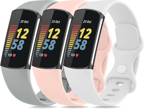 [3 عبوات] أحزمة رياضية متوافقة مع Fitbit Charge 5 Bands للنساء والرجال، حزام معصم من السيليكون الناعم القابل للتعديل لـ Fitbit Charge 5 (رمادي + وردي فاتح + أبيض، كبير (7.1-9.1 بوصة) in Kuwait