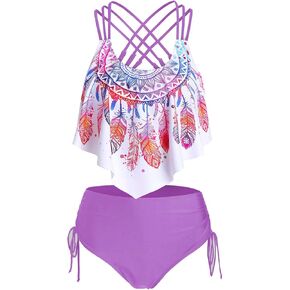 JMSUN Women Feather Print Strappy Cinched Tankini Swimwear in Saudi Arabia