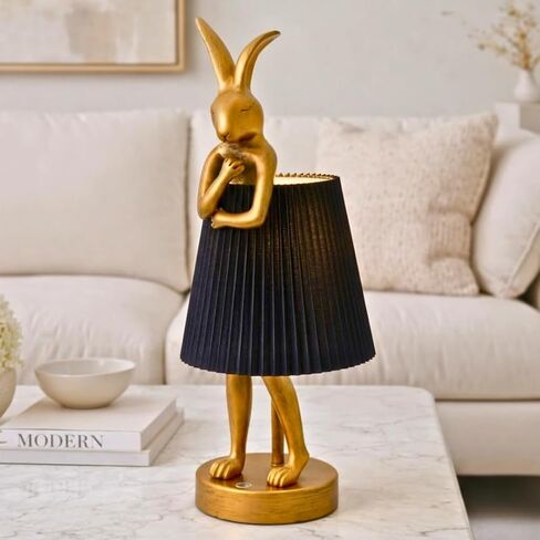 Rabbit Table Lamp with Linen Shade & Gold-Toned Resin Base Cordless Rechargeable LED Table Lamp for Kids Room, Bedroom, Nightstand, Nursery. in Saudi Arabia