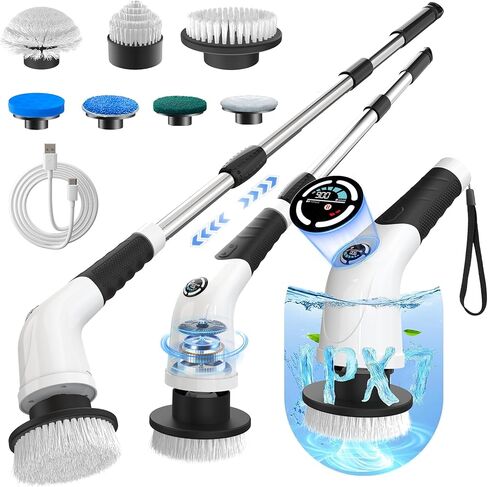Electric Spin Scrubber, Cordless Cleaning Brush with 180 Min Runtime, 3-Speed, 7 Replaceable Brush Heads & Long Detachable Handle, LCD Display (RPM/Torque/Battery), for Bathroom, Kitchen, Tile in Saudi Arabia
