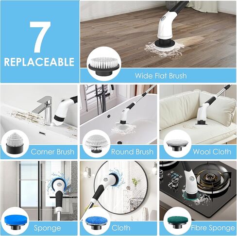 Electric Spin Scrubber, Cordless Cleaning Brush with 180 Min Runtime, 3-Speed, 7 Replaceable Brush Heads & Long Detachable Handle, LCD Display (RPM/Torque/Battery), for Bathroom, Kitchen, Tile in Saudi Arabia
