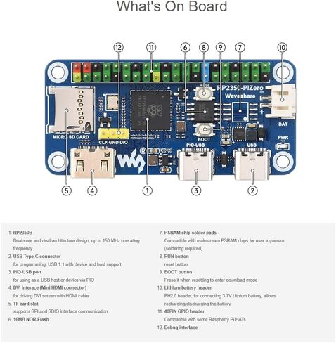 waveshare RP2350-PiZero Development Board Based On Raspberry Pi RP2350 Microcontroller,Onboard DVI Interface, TF Card Slot and PIO-USB Port,Compatible with Raspberry Pi 40PIN GPIO Header in Saudi Arabia