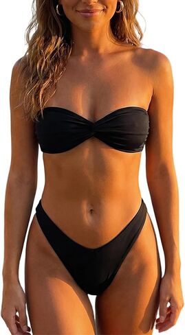 Pivanzore Bandeau Bikini Sets for Women Two Piece Floral Swimsuits Strapless Tube Bikini Top and Cheeky Thong Bathing Suit in Saudi Arabia