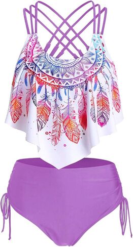 JMSUN Women Feather Print Strappy Cinched Tankini Swimwear in Saudi Arabia