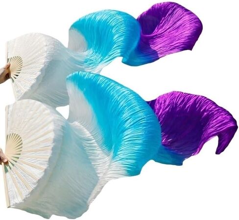 Silk Belly Dance Fan, 1 Pair (Left+Right) Silk Bamboo Long Fans Veils, Women Real Silk Belly Dance Fan Veil, Dance Performance(Yellow Gradient red,180x90cm) in Saudi Arabia