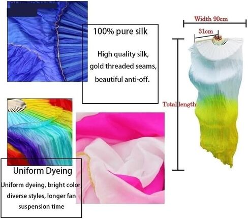 Silk Belly Dance Fan, 1 Pair (Left+Right) Silk Bamboo Long Fans Veils, Women Real Silk Belly Dance Fan Veil, Dance Performance(Yellow Gradient red,180x90cm) in Saudi Arabia