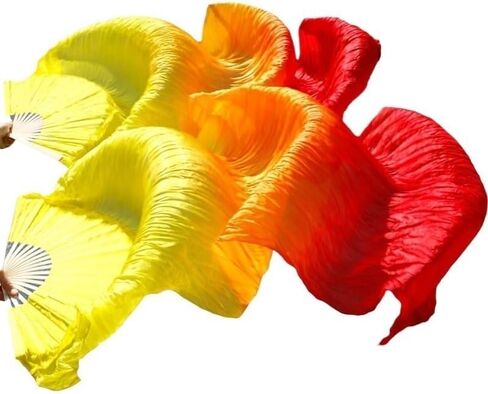 Silk Belly Dance Fan, 1 Pair (Left+Right) Silk Bamboo Long Fans Veils, Women Real Silk Belly Dance Fan Veil, Dance Performance(Yellow Gradient red,180x90cm) in Saudi Arabia