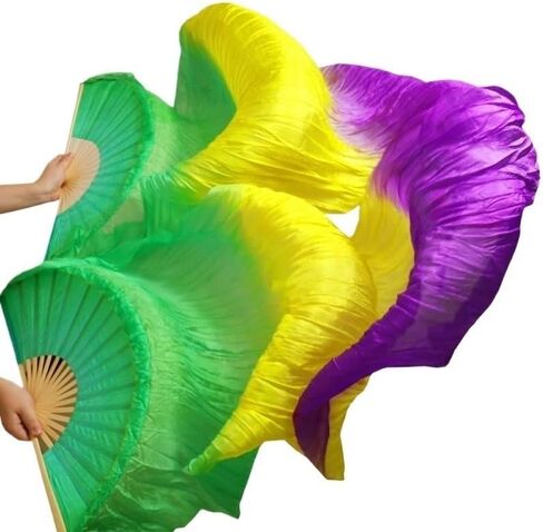 Silk Belly Dance Fan, 1 Pair (Left+Right) Silk Bamboo Long Fans Veils, Women Real Silk Belly Dance Fan Veil, Dance Performance(Yellow Gradient red,180x90cm) in Saudi Arabia