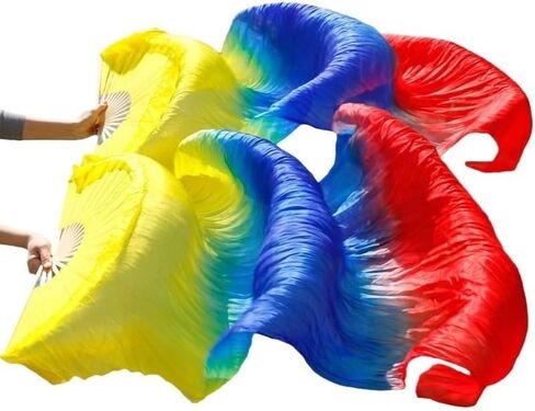 Silk Belly Dance Fan, 1 Pair (Left+Right) Silk Bamboo Long Fans Veils, Women Real Silk Belly Dance Fan Veil, Dance Performance(Yellow Gradient red,180x90cm) in Saudi Arabia