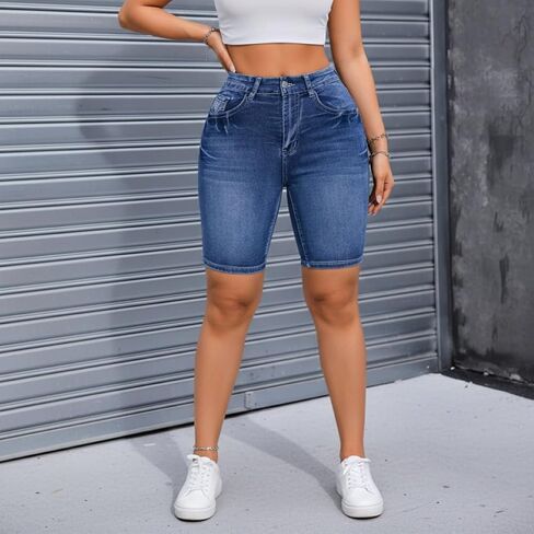 Women Denim Bike Shorts High Waisted Stretchy Jean Shorts Mid Thigh Length Casual Summer Cycling Shorts Elastic Waist Athletic Shorts for Women Blue Wash Plus Size in Saudi Arabia