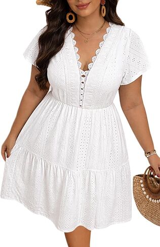 Plus Size Summer Dress - Casual Boho Sundress Eyelet Lace V Neck Short Sleeve Tiered A-Line Midi Flowy Sun Dresses Women in Saudi Arabia