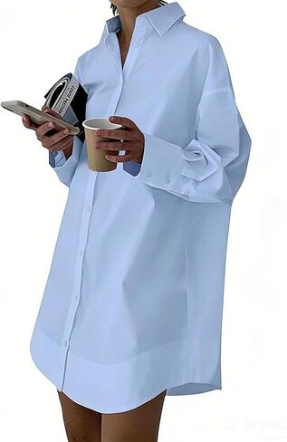 Womens Casual Button Down Shirt Dress Long Sleeve Collared V Neck Mini Dress Cotton Button Up High Low Summer Dress in Saudi Arabia