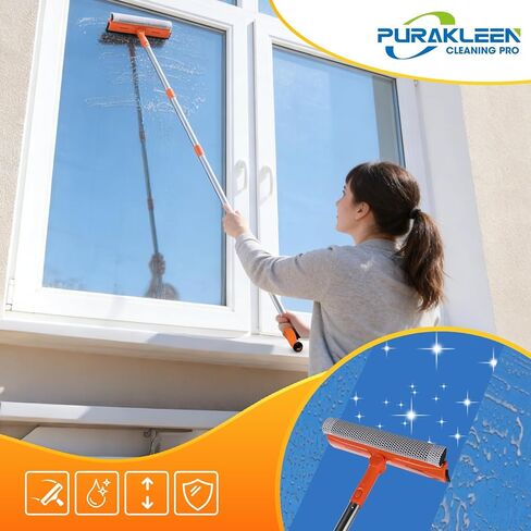 Window Squeegee with 62" Adjustable Stainless Steel Pole —2-in-1 Sponge Scrubber &Streak-Free Blade, No Ladder for 1-Story &Skylights,Car &RV Windshields,Shower Doors,Tile Orange in Saudi Arabia