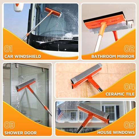 Window Squeegee with 62" Adjustable Stainless Steel Pole —2-in-1 Sponge Scrubber &Streak-Free Blade, No Ladder for 1-Story &Skylights,Car &RV Windshields,Shower Doors,Tile Orange in Saudi Arabia