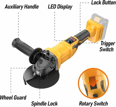مطحنة زاوية لاسلكية متوافقة مع بطارية ديوالت 20 فولت بحد أقصى (بدون بطارية) 3 سرعات متغيرة، مطحنة زاوية بدون فرش 5 بوصات مع رأس دوار و6 عجلات للقطع والطحن والتلميع in Kuwait
