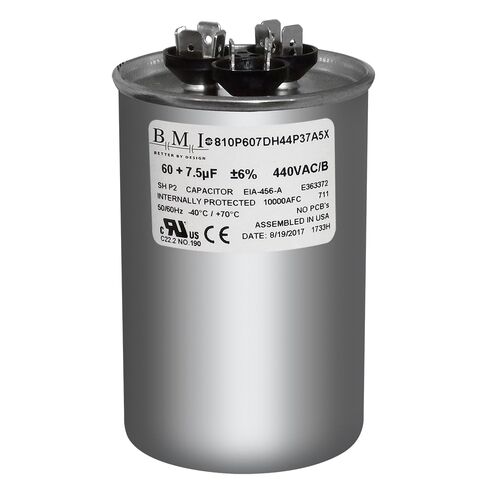 60+7.5 uF USA Dual Run Capacitor CBB65D, 60/7.5 MFD, 370-440V, Round, 50/60Hz for HVAC AC Fan, Motor, Blower Applications in Saudi Arabia
