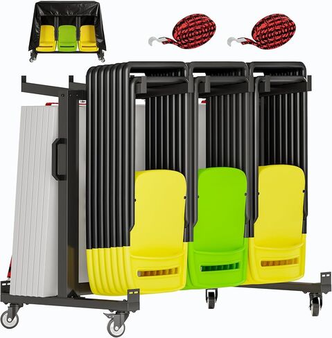 Folding Chair Rack, 84-Chair/42-Chair + 12-Table Storage Cart with Wheels, Rolling Chair Stand Includes Rain Cover & Bungee Cords - Ideal for Schools, Banquets, Community Centers in Saudi Arabia