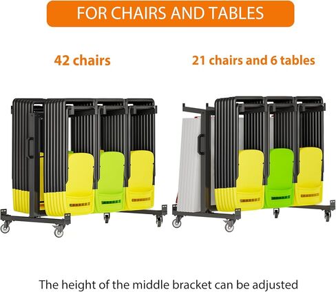 Folding Chair Rack, 84-Chair/42-Chair + 12-Table Storage Cart with Wheels, Rolling Chair Stand Includes Rain Cover & Bungee Cords - Ideal for Schools, Banquets, Community Centers in Saudi Arabia