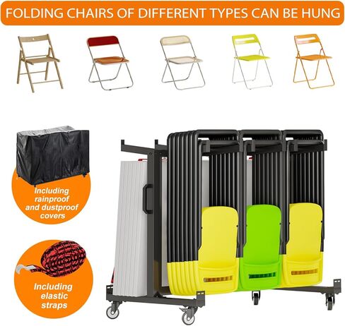 Folding Chair Rack, 84-Chair/42-Chair + 12-Table Storage Cart with Wheels, Rolling Chair Stand Includes Rain Cover & Bungee Cords - Ideal for Schools, Banquets, Community Centers in Saudi Arabia