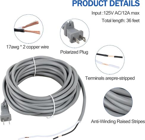 سلك استبدال الطاقة الكهربائية بطول 36 قدمًا - قابس مستقطب 17AWG 12A 125V - لجهاز Shark Navigator Lift‑Away Pro NV355 NV356 NV357 وRotator Lift‑Away NV501 NV502 NV450 NV402 المكانس الكهربائية المستقيمة إلخ. in Kuwait