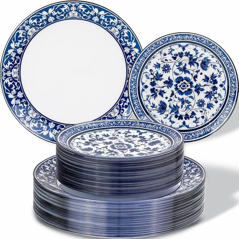 Hioasis 60pcs Blue Plastic Plates Set - Floral Blue & White Porcelain Design, 10.25" Dinner & 7.5" Dessert Plates Disposable for Wedding (Dishwasher Safe, Art Style) in Saudi Arabia