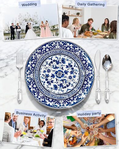 Hioasis 60pcs Blue Plastic Plates Set - Floral Blue & White Porcelain Design, 10.25" Dinner & 7.5" Dessert Plates Disposable for Wedding (Dishwasher Safe, Art Style) in Saudi Arabia