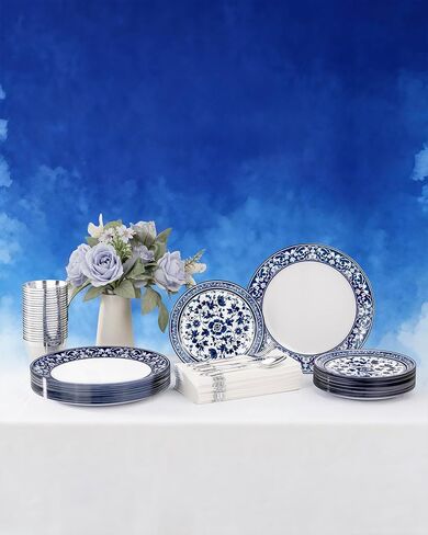 Hioasis 60pcs Blue Plastic Plates Set - Floral Blue & White Porcelain Design, 10.25" Dinner & 7.5" Dessert Plates Disposable for Wedding (Dishwasher Safe, Art Style) in Saudi Arabia