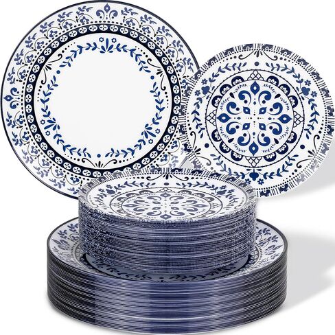 Hioasis 60pcs Blue Plastic Plates Set - Floral Blue & White Porcelain Design, 10.25" Dinner & 7.5" Dessert Plates Disposable for Wedding (Dishwasher Safe, Art Style) in Saudi Arabia
