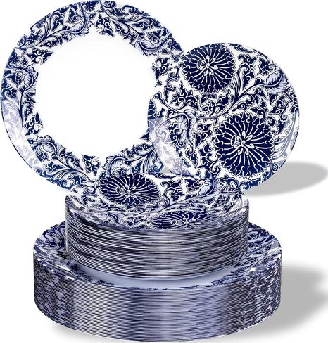 Hioasis 60pcs Blue Plastic Plates Set - Floral Blue & White Porcelain Design, 10.25" Dinner & 7.5" Dessert Plates Disposable for Wedding (Dishwasher Safe, Art Style) in Saudi Arabia
