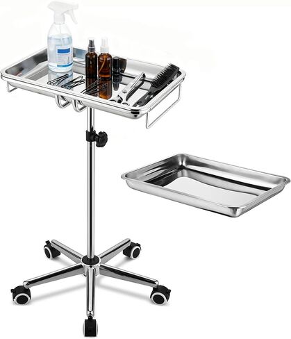 AW Mayo Stand with 2 Trays Adjustable Height 31"-50" Stainless Steel Medical Cart Mobile Trolley 19"x13"x2" Removeable Instrument Tray 5 Pcs Lockable Wheels for Dental Salon Tattoo Esthetician in Saudi Arabia