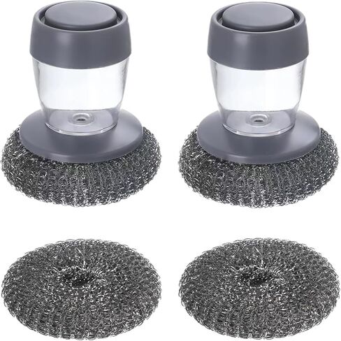 Steel Wool Scrubber with Soap Dispenser for Dish Sink Pan Stove Kitchen, Stainless Dishwashing Scouring Pad, Dispensing Heavy Duty Brush Scourer Cast Iron 2+2 in Saudi Arabia